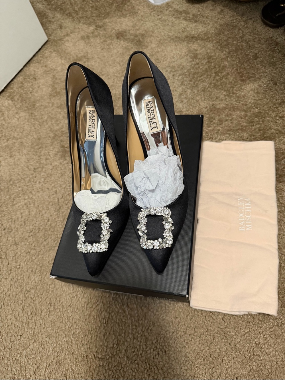Badgley Mischka Black Satin Pointed Toe Pumps with Crystal Buckles
